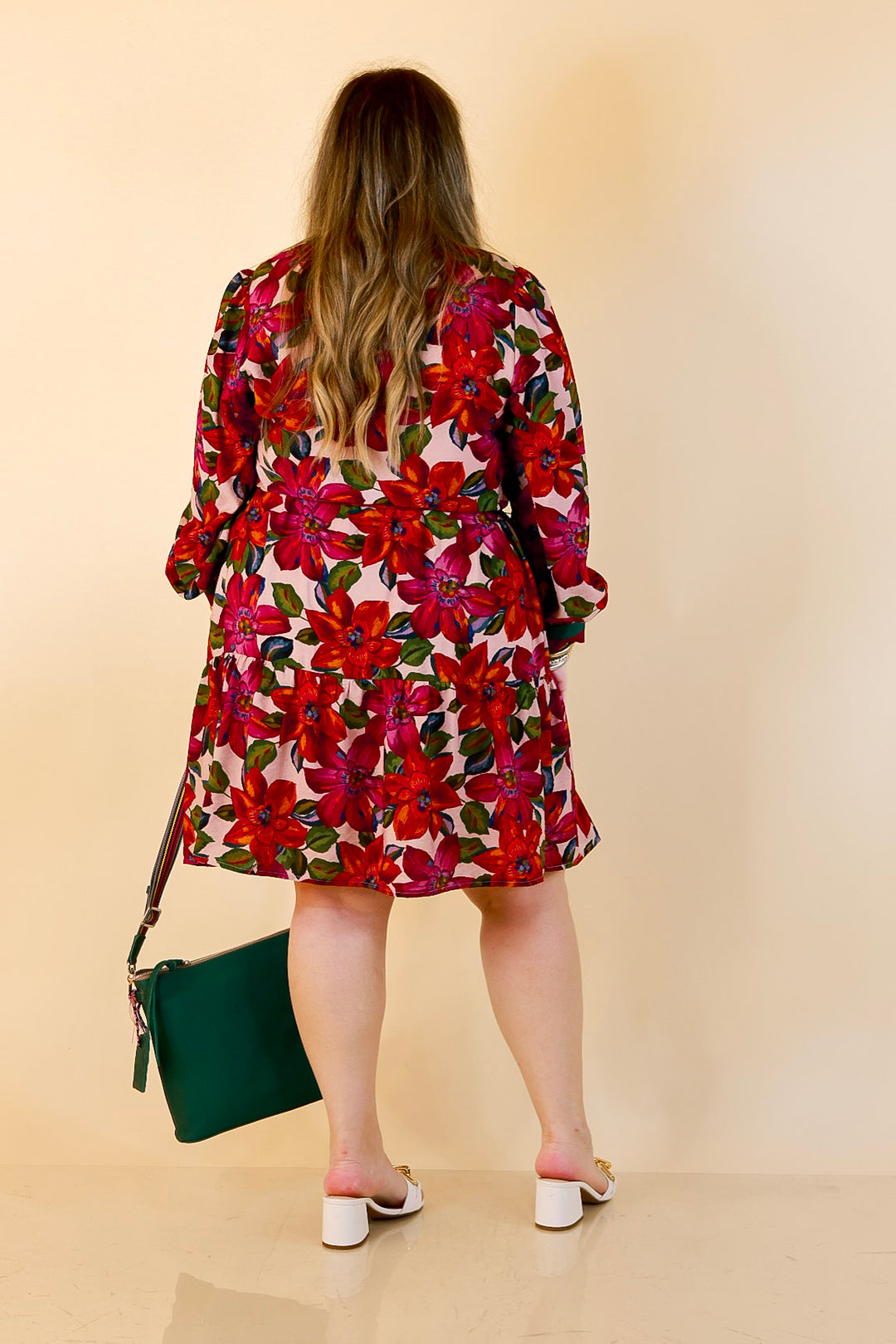 Color Me Confident Floral Print Button Front Contrast Trim Dress in Ivory, Plum and Emerald Green
