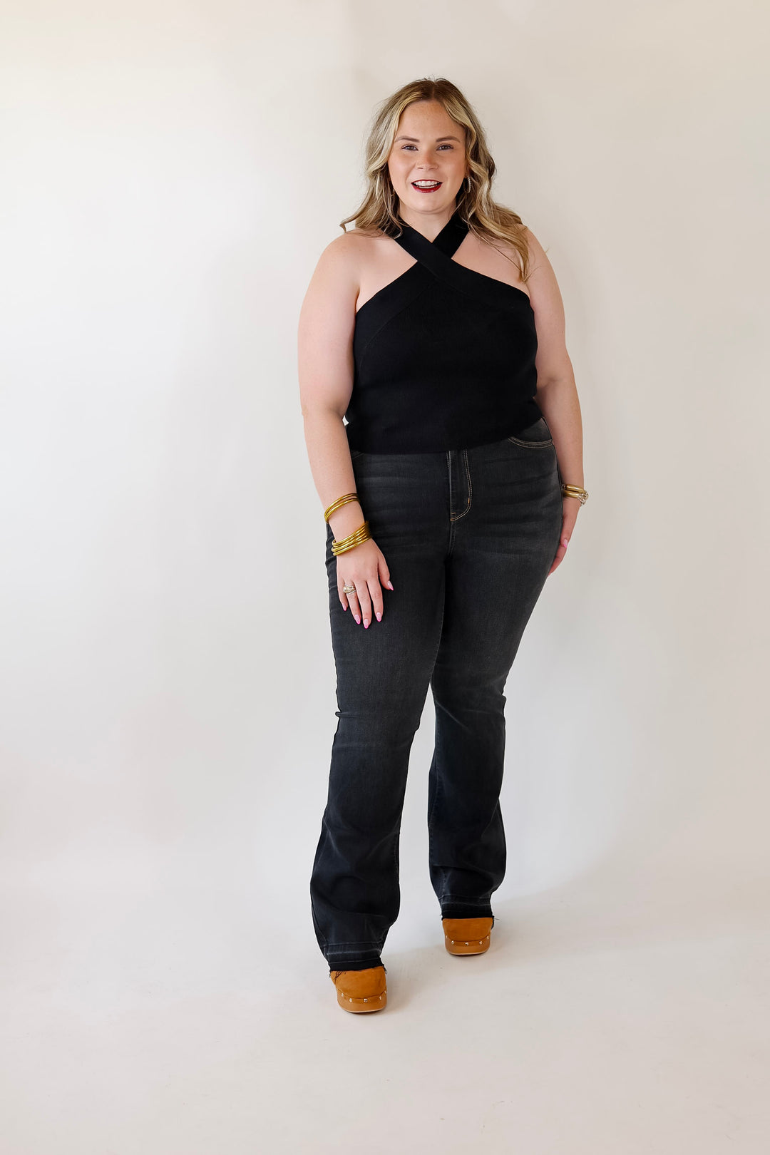 Talk To Me Crossed Strap Top in Black - Giddy Up Glamour Boutique