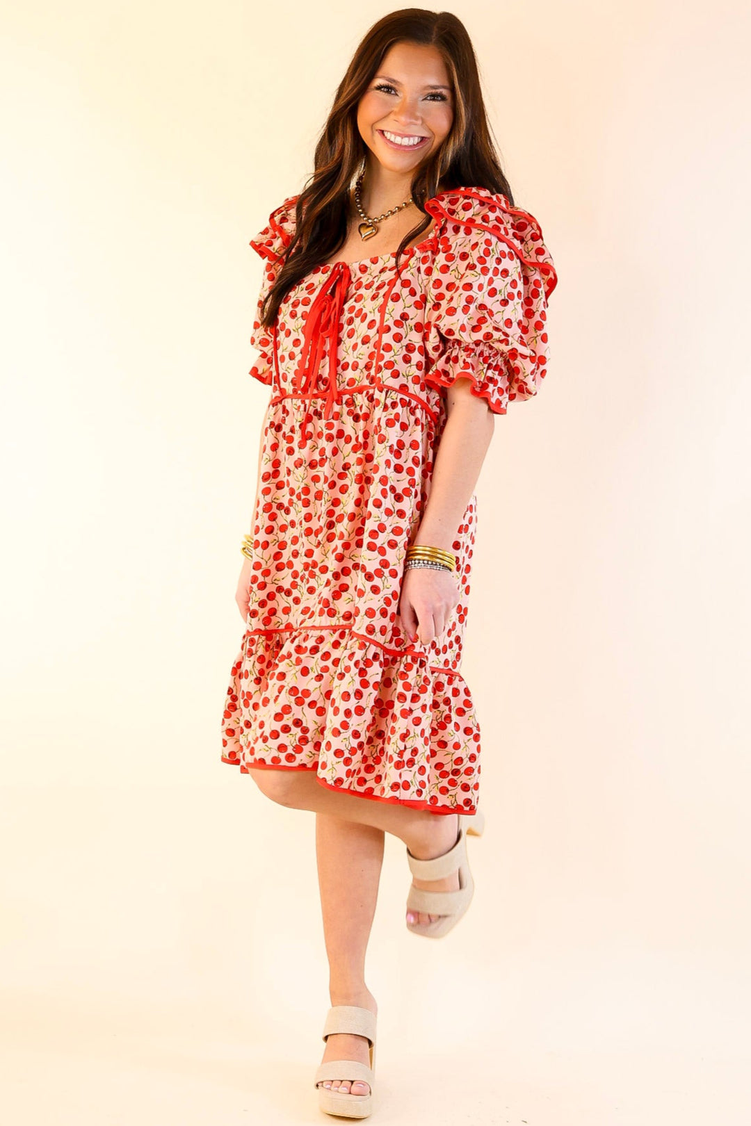 Cherry on Top Puff Sleeve Dress in Light Pink and Red