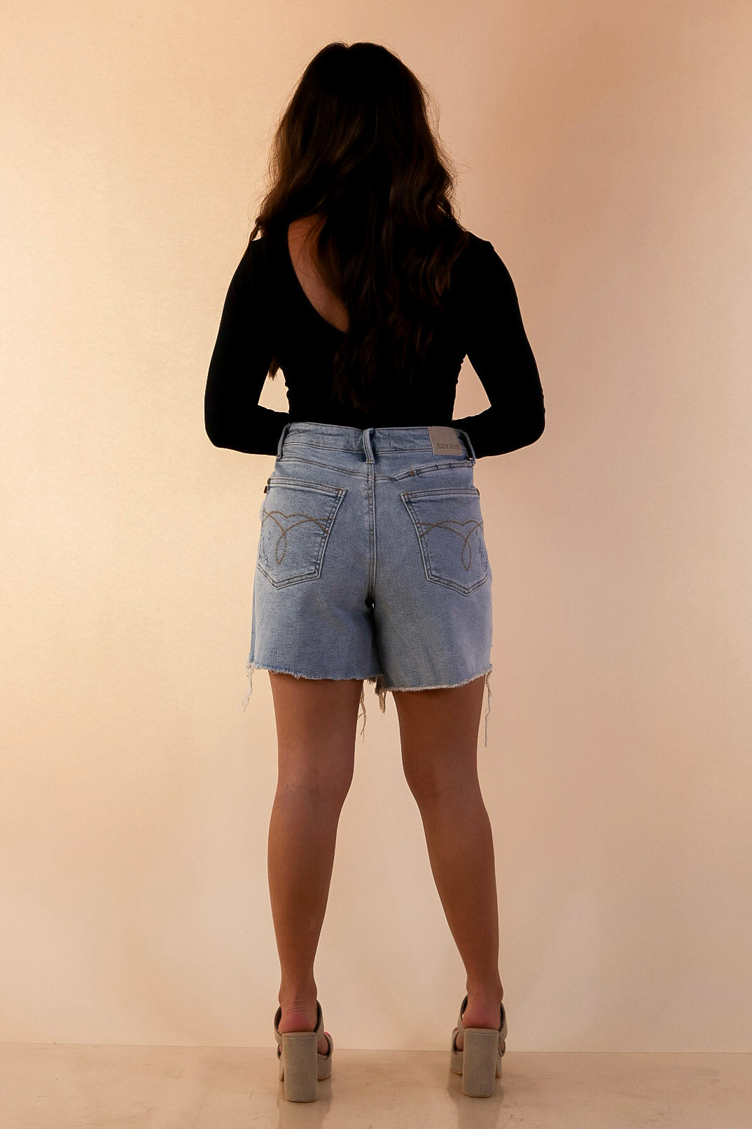 Judy Blue | Effortless Edge Rigid Magic Distressed Frayed Hem Denim Dad Shorts in Light Wash