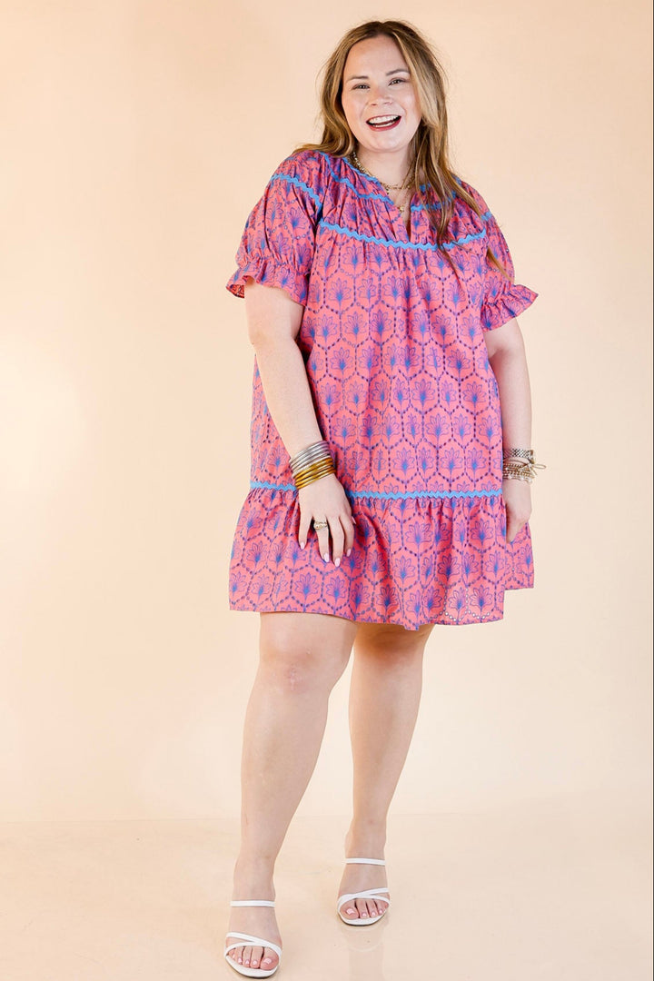 Sweet & Sassy Puff Sleeve Blue Embroidered Eyelet A-Line Dress in Pink