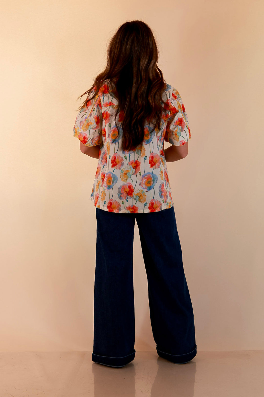 Petals and Plans Poppy Floral Print Button Up Collar Blouse in Cream