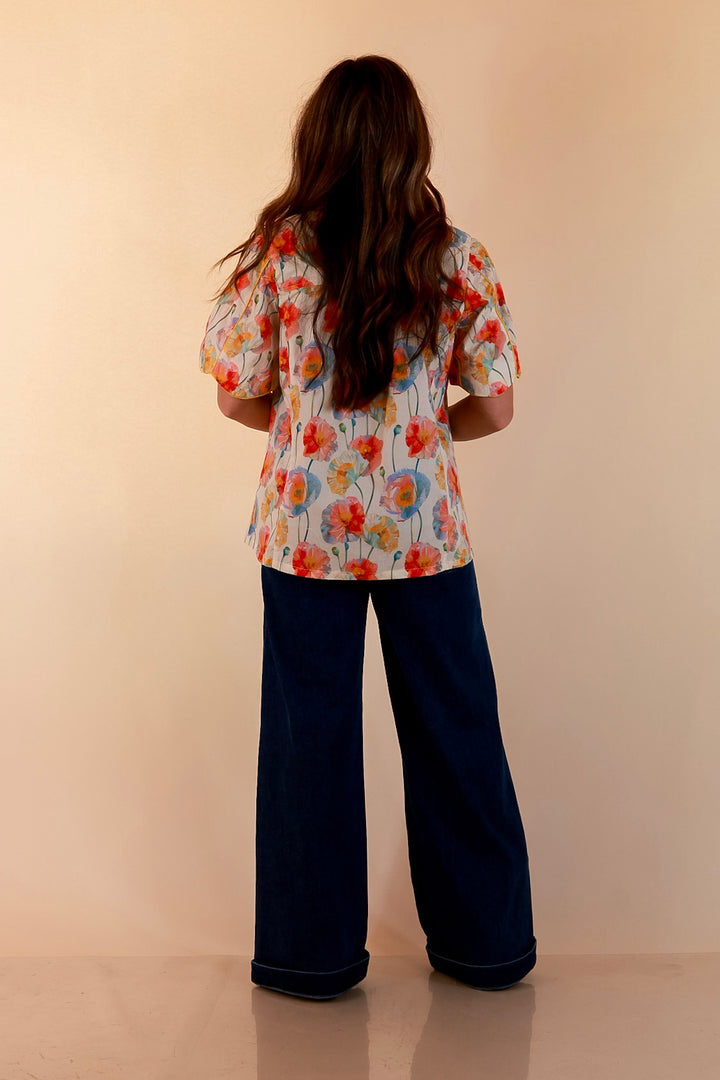 Petals and Plans Poppy Floral Print Button Up Collar Blouse in Cream