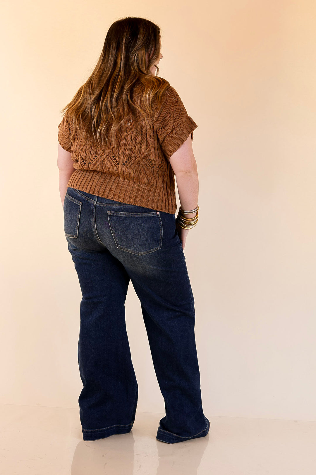 Knit to Last Cable Knit Short Sleeve Sweater Top in Camel Brown