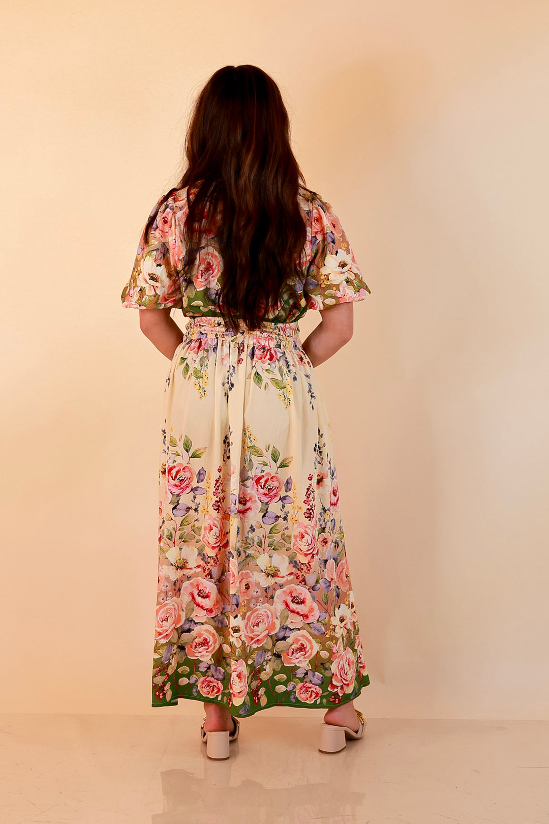 Brunch with the Girls Puff Sleeve Smocked Waist Floral Print Tiered Midi Dress in Ivory and Olive Green Multi