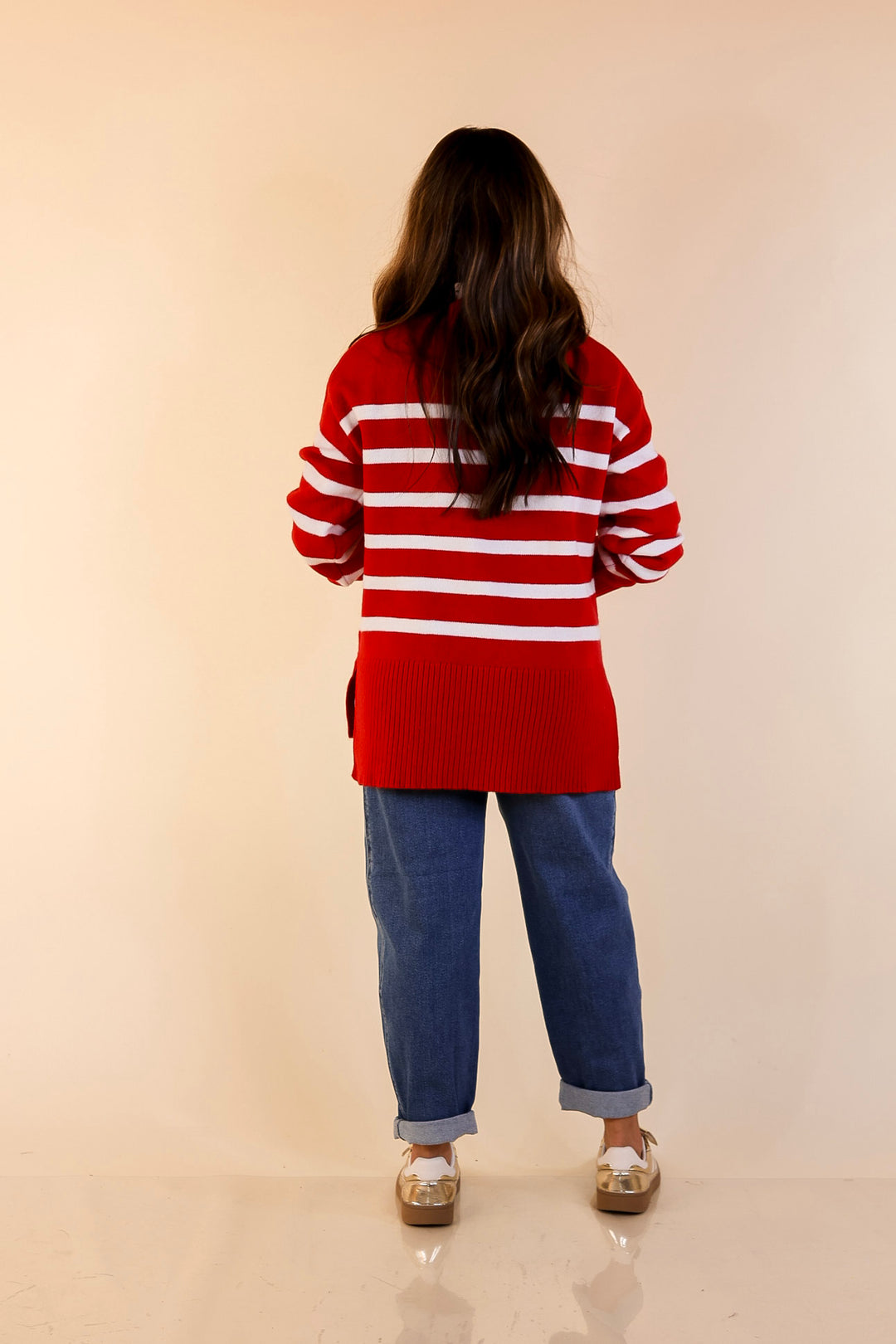 Chilly Day Charm Mock Neck Long Sleeve High-Low Striped Sweater in Red with Ivory Stripes