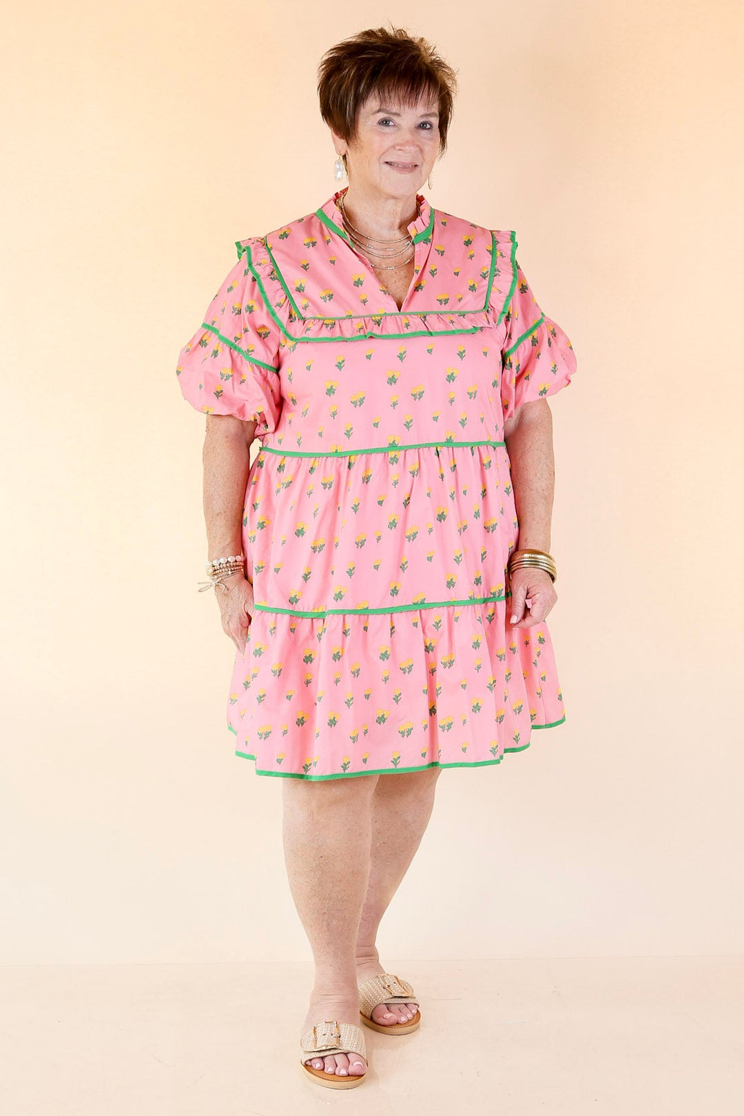 Pretty Please Floral Print Tiered Babydoll Dress in Pink