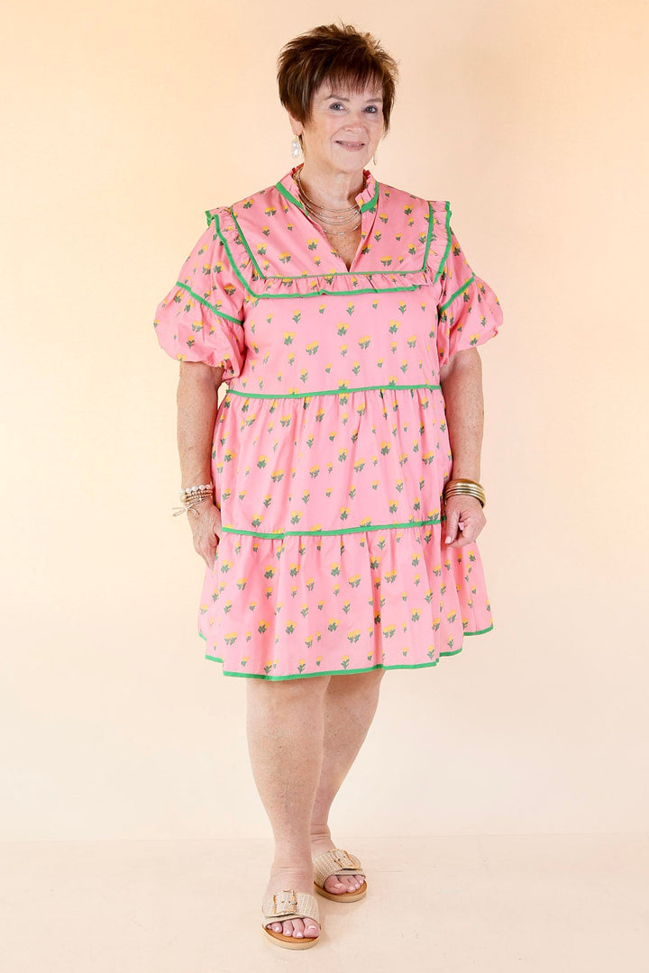 Pretty Please Floral Print Tiered Babydoll Dress in Pink