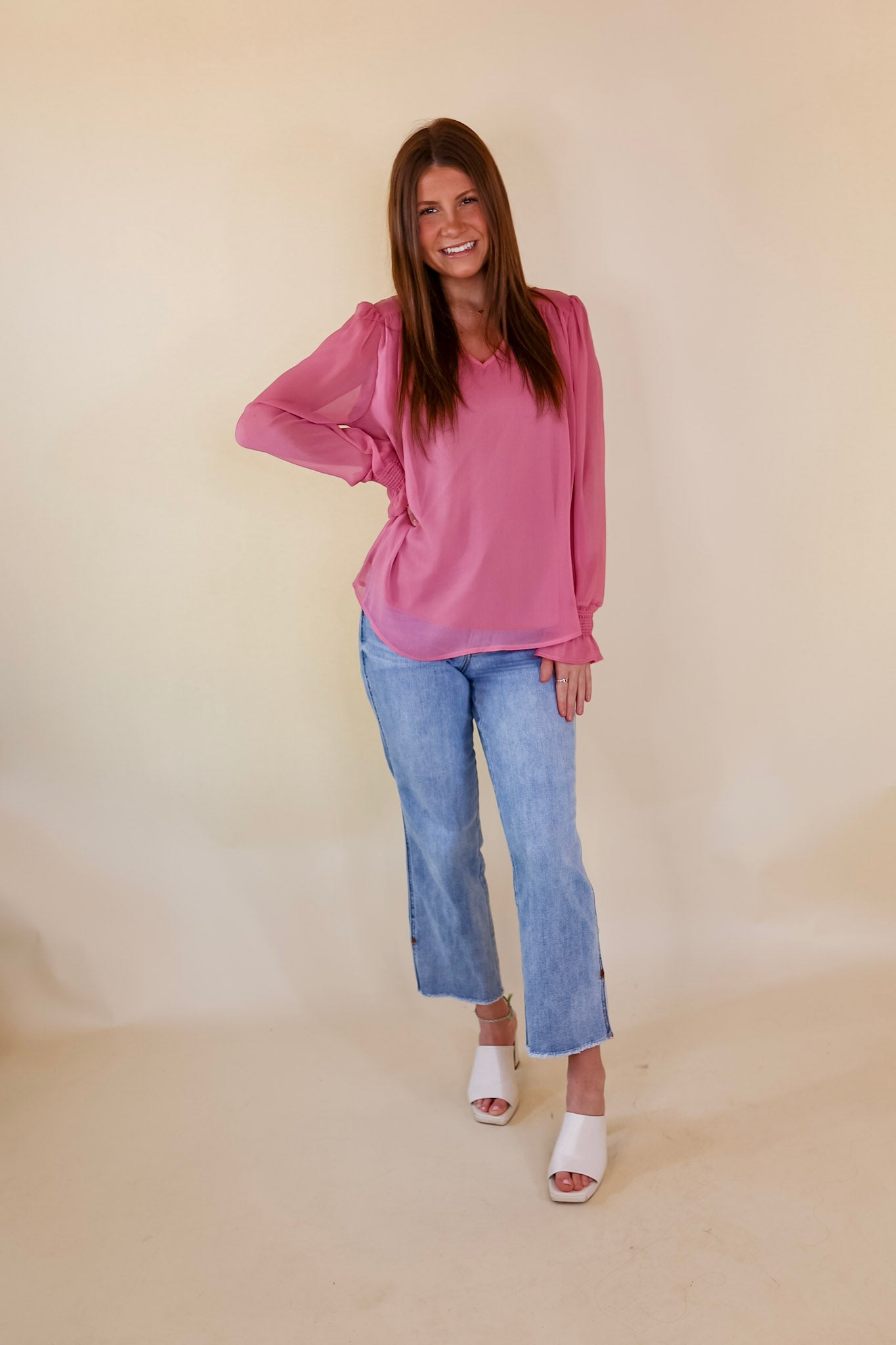 Casually Stunning V Neck Long Sleeve Blouse in Mauve Pink - Giddy Up Glamour Boutique