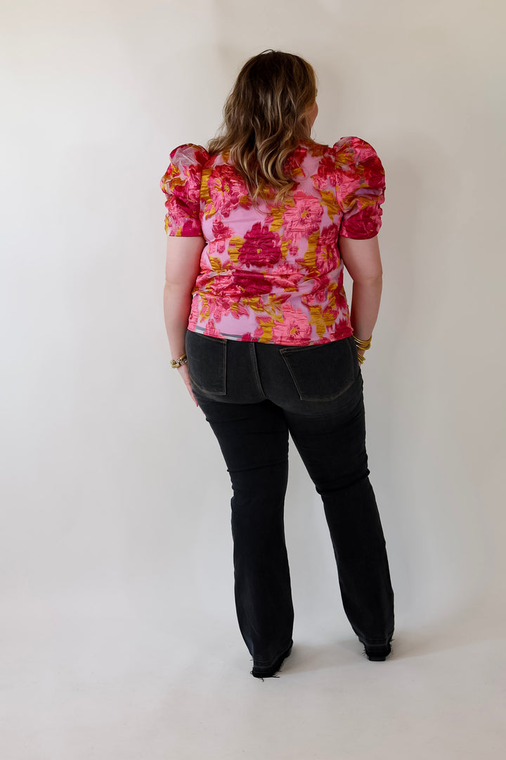A Fine Feeling Floral Print Top with Puffed Sleeves in Pink - Giddy Up Glamour Boutique