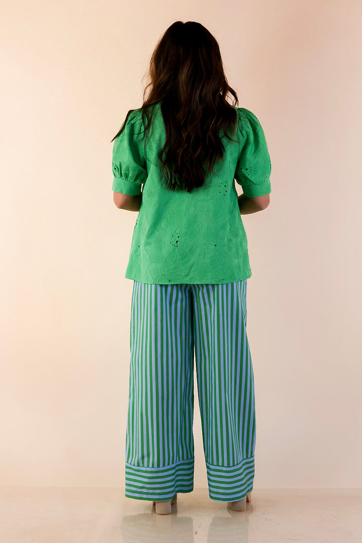 Graceful Impression Textured Floral Puff Sleeve Top with Split Neckline in Kelly Green