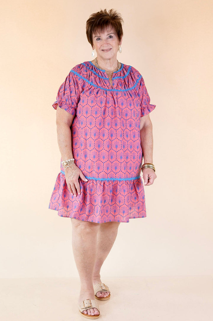 Sweet & Sassy Puff Sleeve Blue Embroidered Eyelet A-Line Dress in Pink