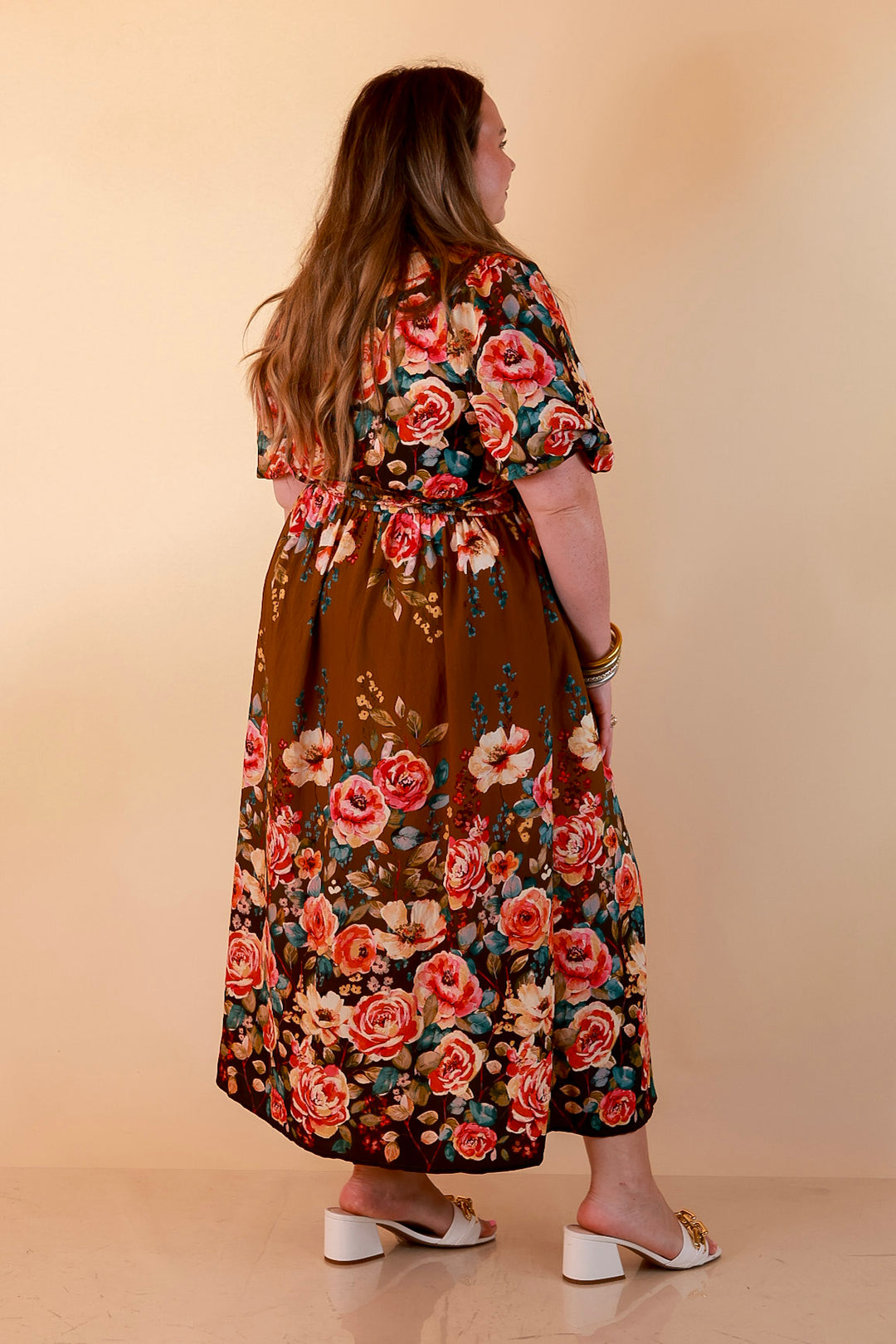 Brunch with the Girls Puff Sleeve Smocked Waist Floral Print Tiered Midi Dress in Chocolate Brown Multi