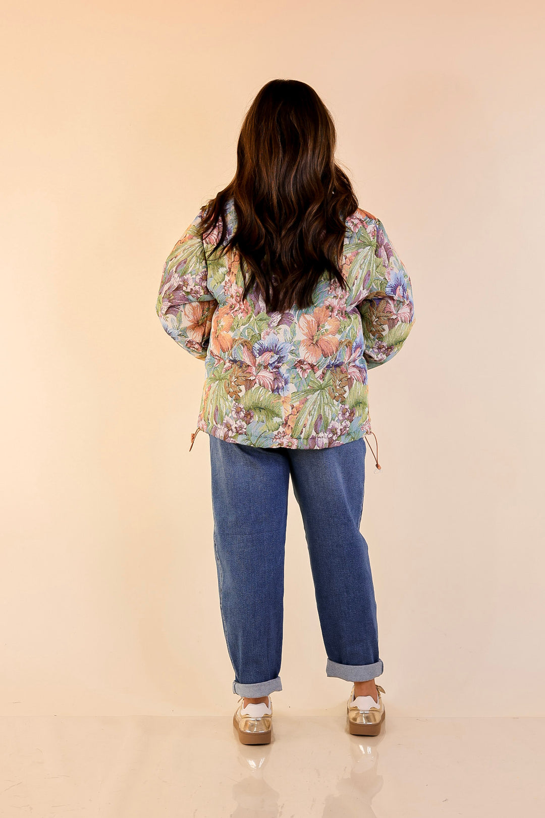 Whispers of Winter Floral Print Zip Up Puffer Jacket in Cream