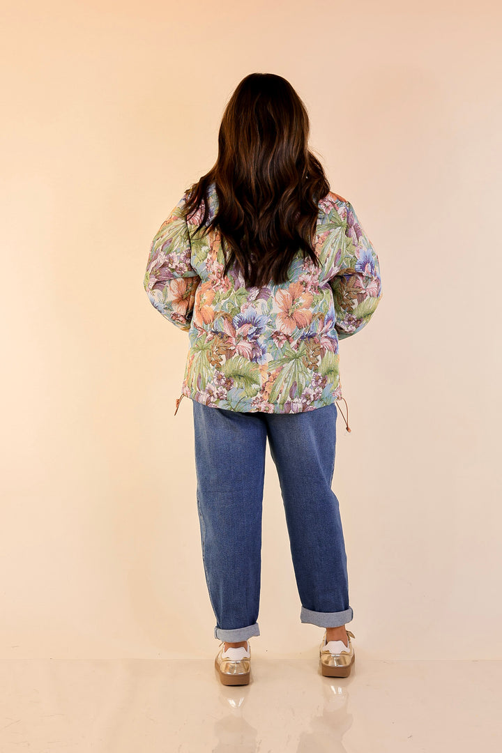 Whispers of Winter Floral Print Zip Up Puffer Jacket in Cream