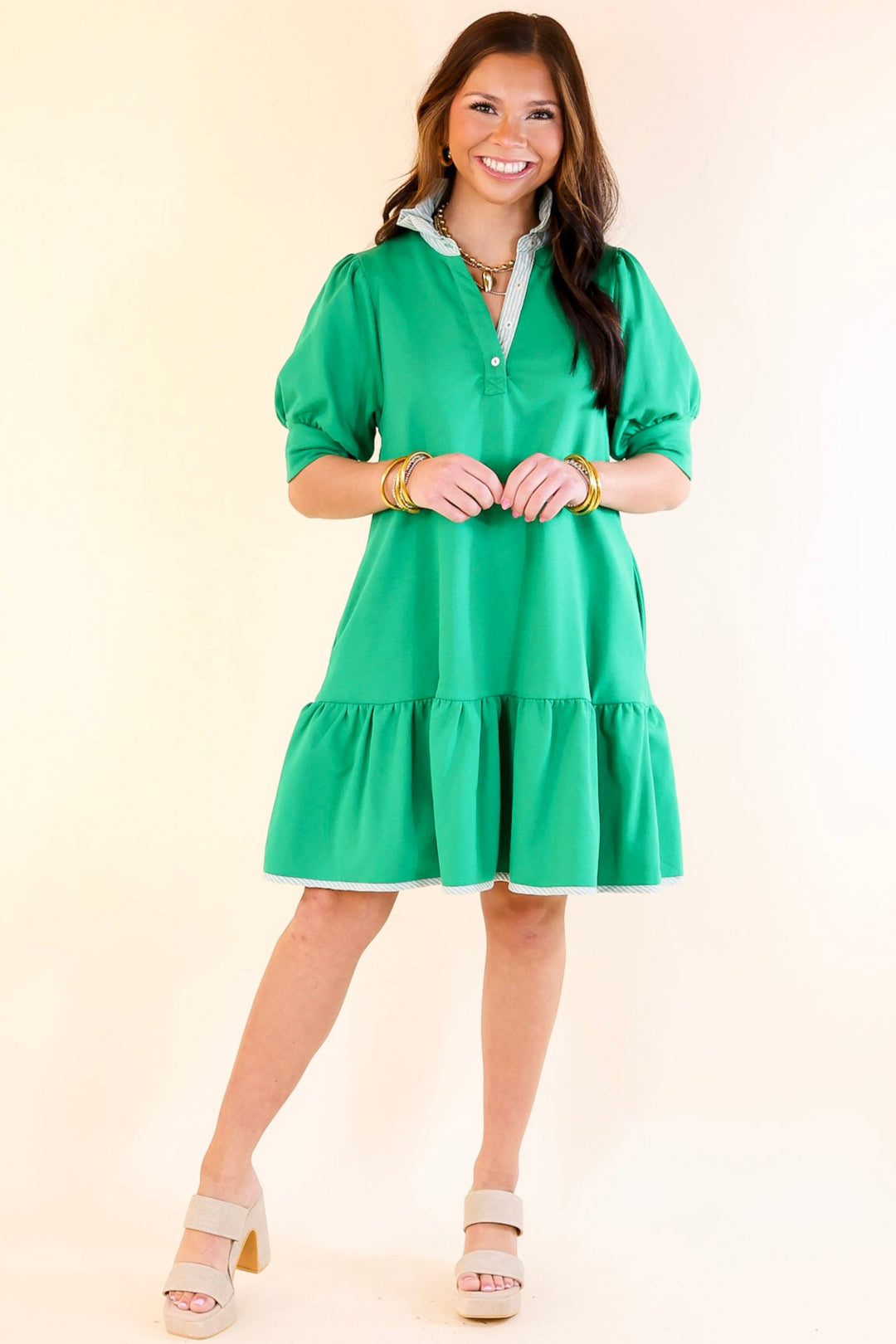 Elevated Ease Short Puff Sleeve Dress with Ruffled Collar in Kelly Green
