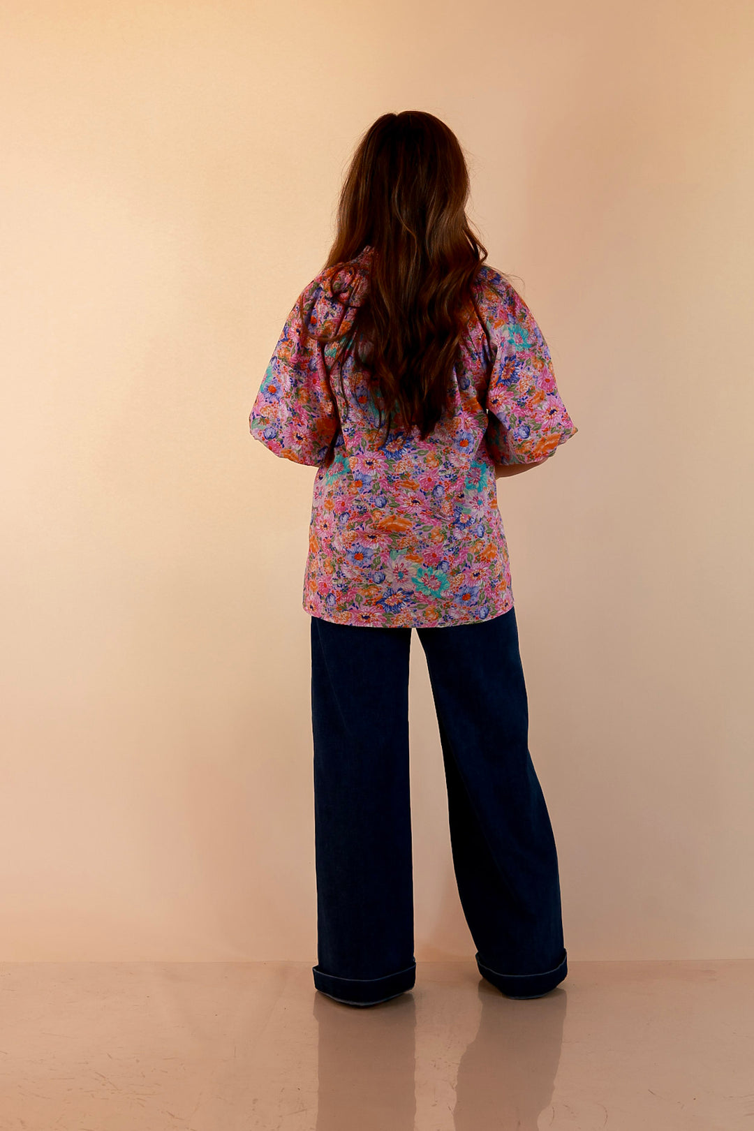 Blooming Beauty Floral Print V Neck Top with Smocked Neckline and Puff Sleeves in Pink Multi Color