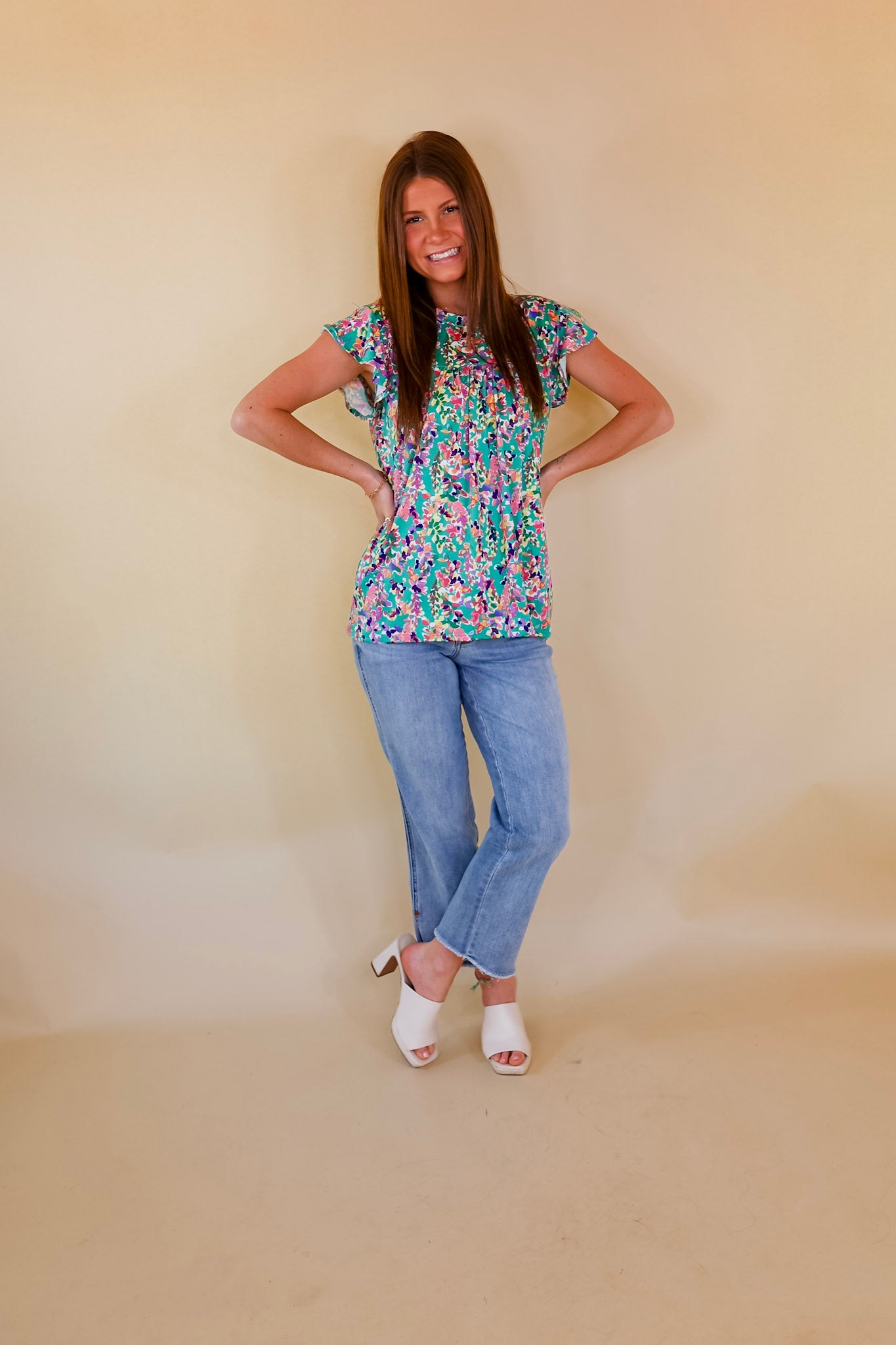 Garden Glory Floral Top with Ruffle Cap Sleeves in Green - Giddy Up Glamour Boutique