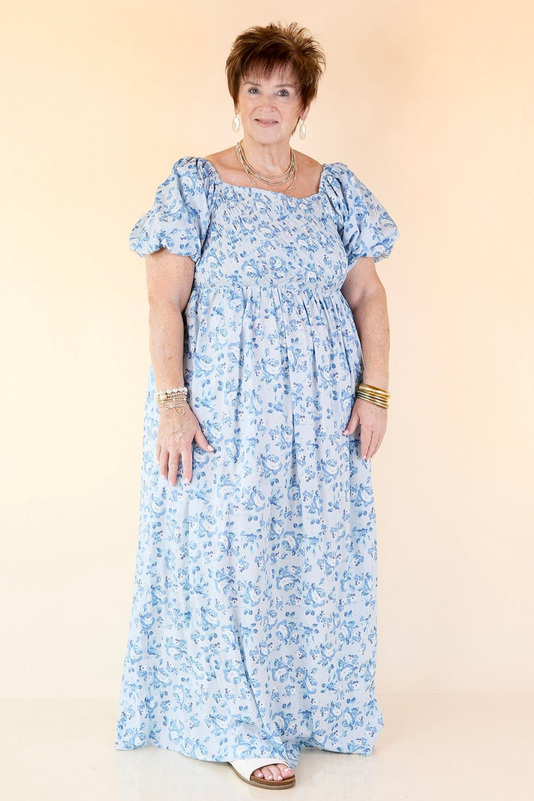 blue puff sleeve floral dress Blue Floral Puff Sleeve Maxi Dress - Romantic Dresses