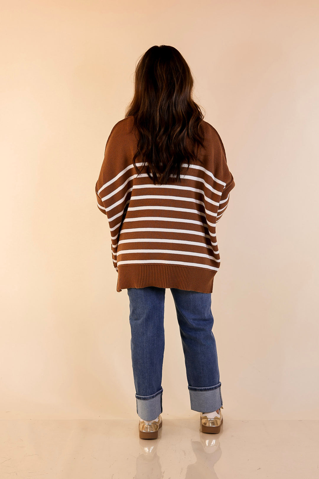 Snug and Stylish Mock Neck Striped Sweater with Side Slit in Camel Brown with Ivory Stripes