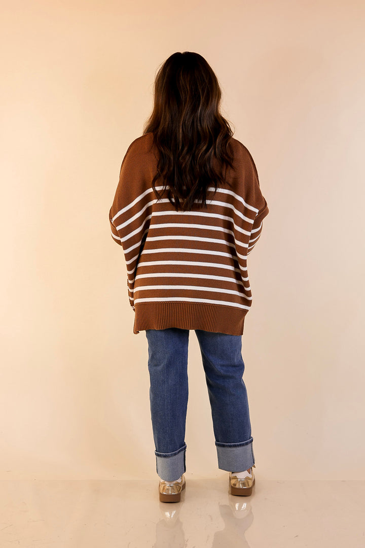 Snug and Stylish Mock Neck Striped Sweater with Side Slit in Camel Brown with Ivory Stripes