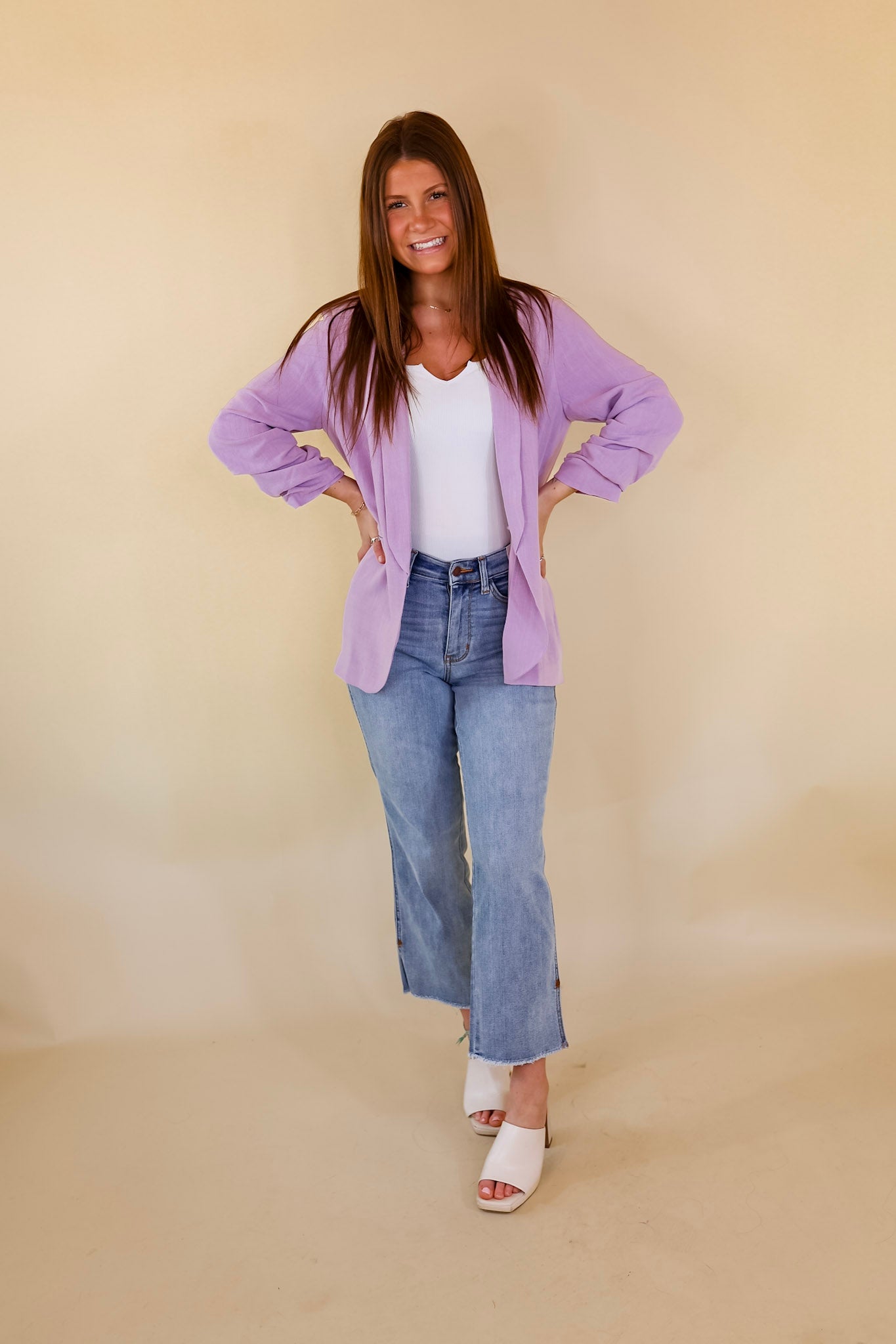 Promise Me Open Front Linen Blazer in Lavender Purple - Giddy Up Glamour Boutique