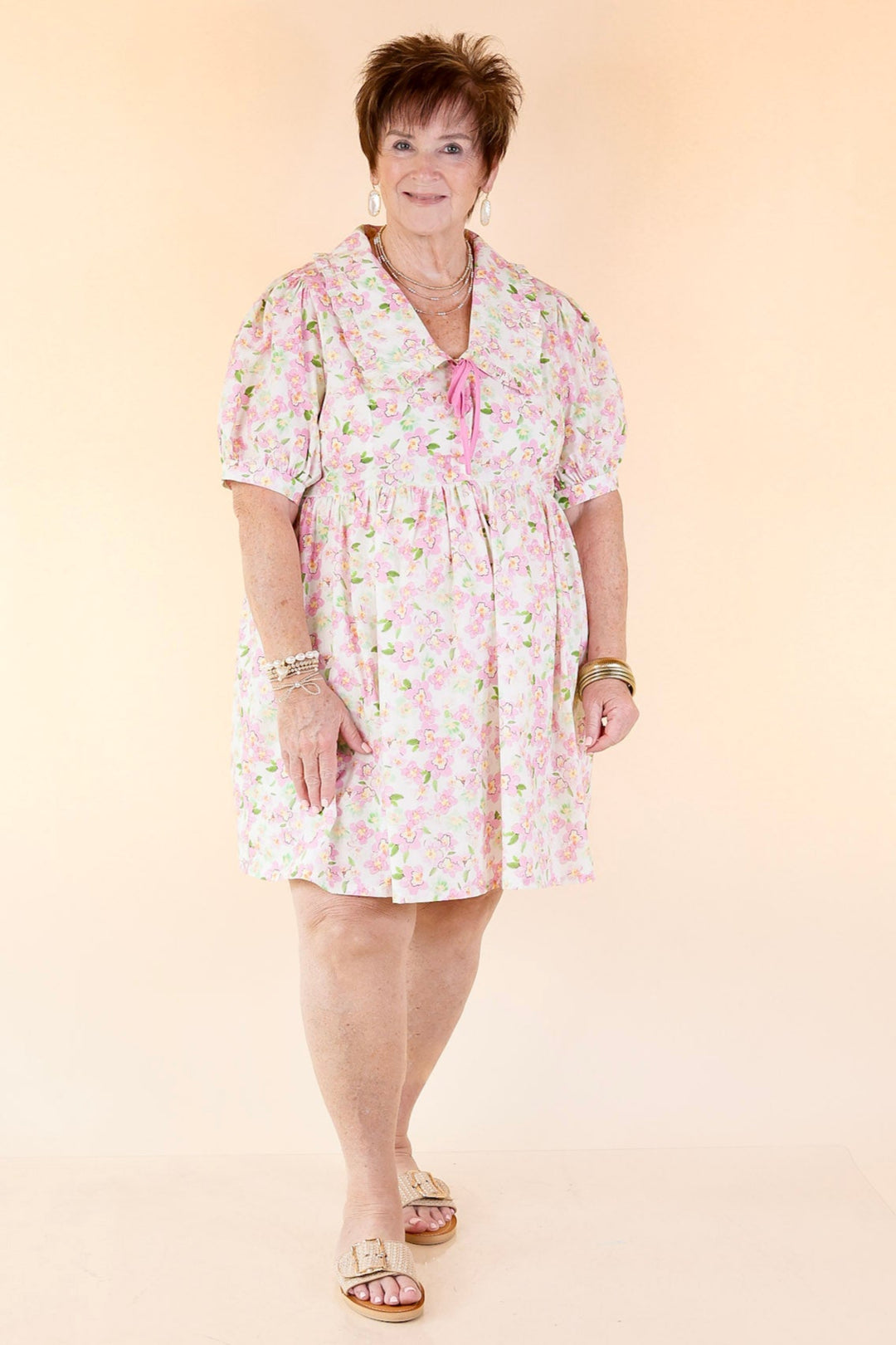 Pretty in Petals Pink Floral Babydoll Dress with Peter Pan Collar in Cream