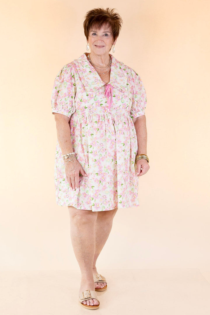 Pretty in Petals Pink Floral Babydoll Dress with Peter Pan Collar in Cream