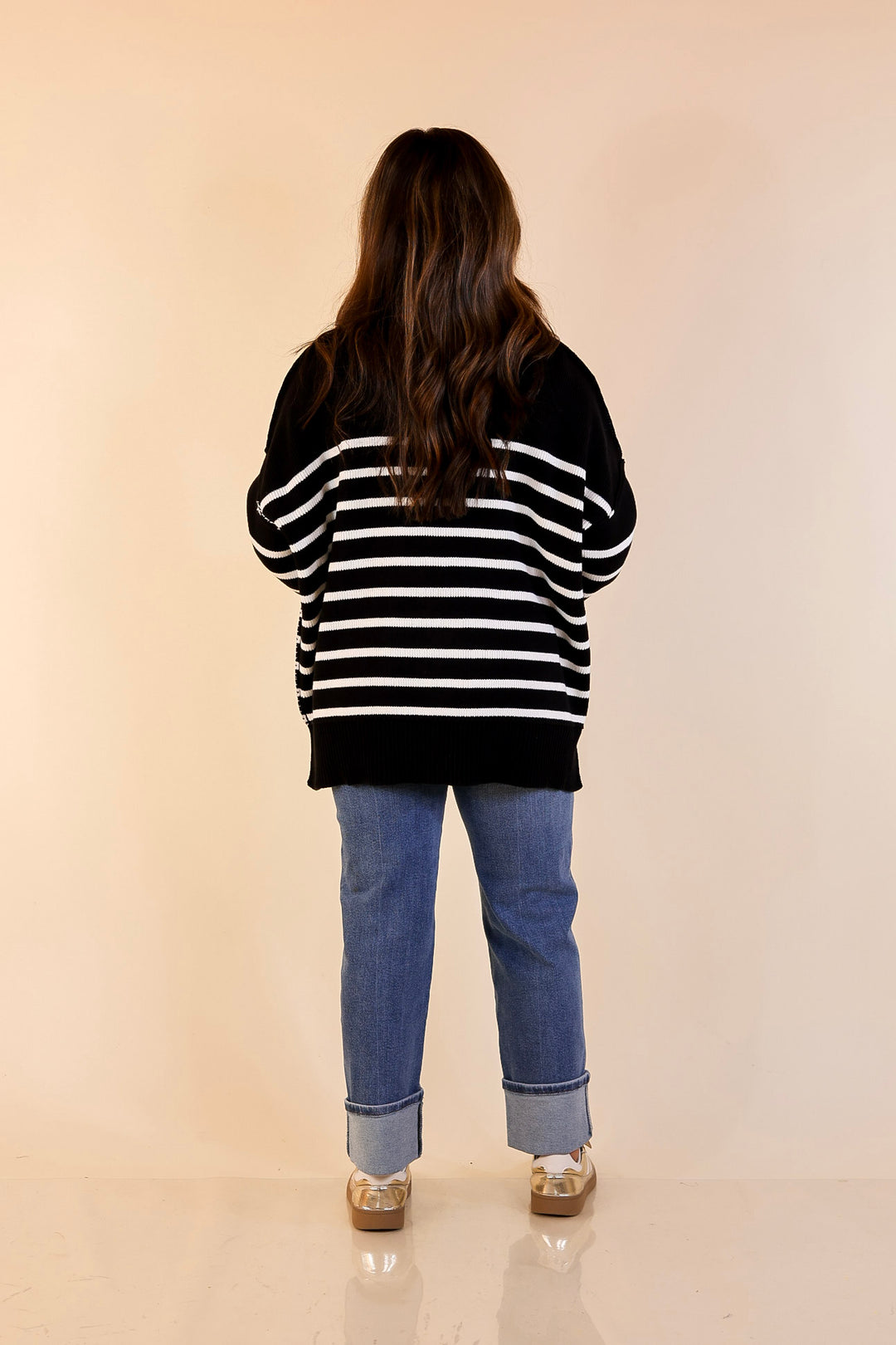 Snug and Stylish Mock Neck Striped Sweater with Side Slit in Black with Ivory Stripes