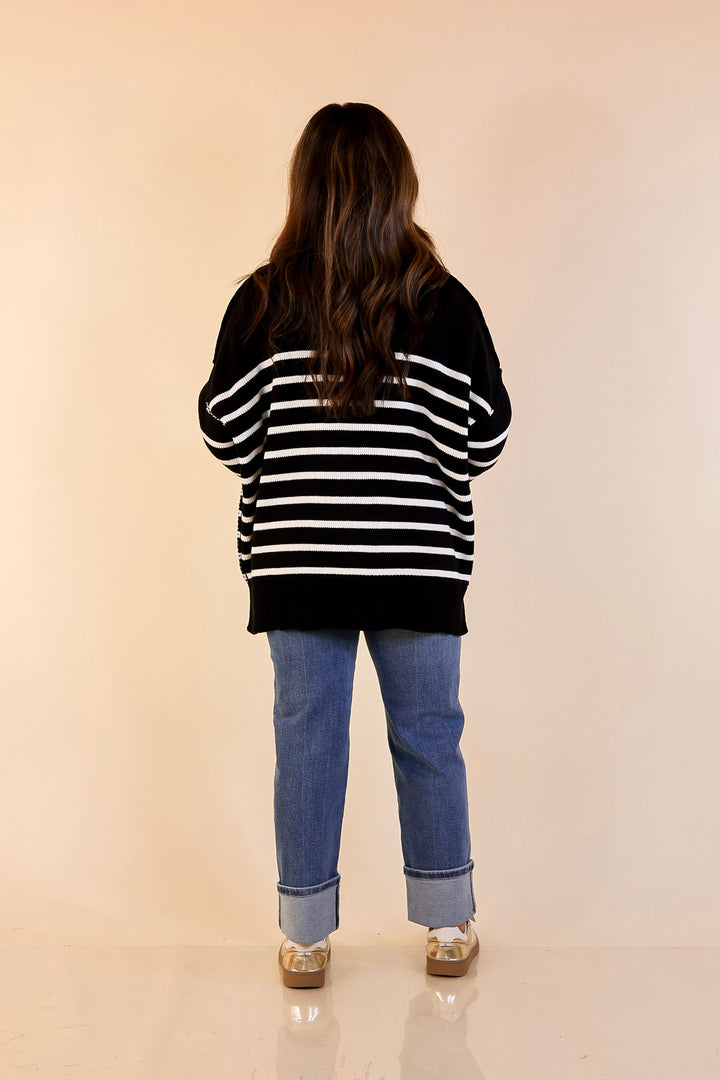 Snug and Stylish Mock Neck Striped Sweater with Side Slit in Black with Ivory Stripes