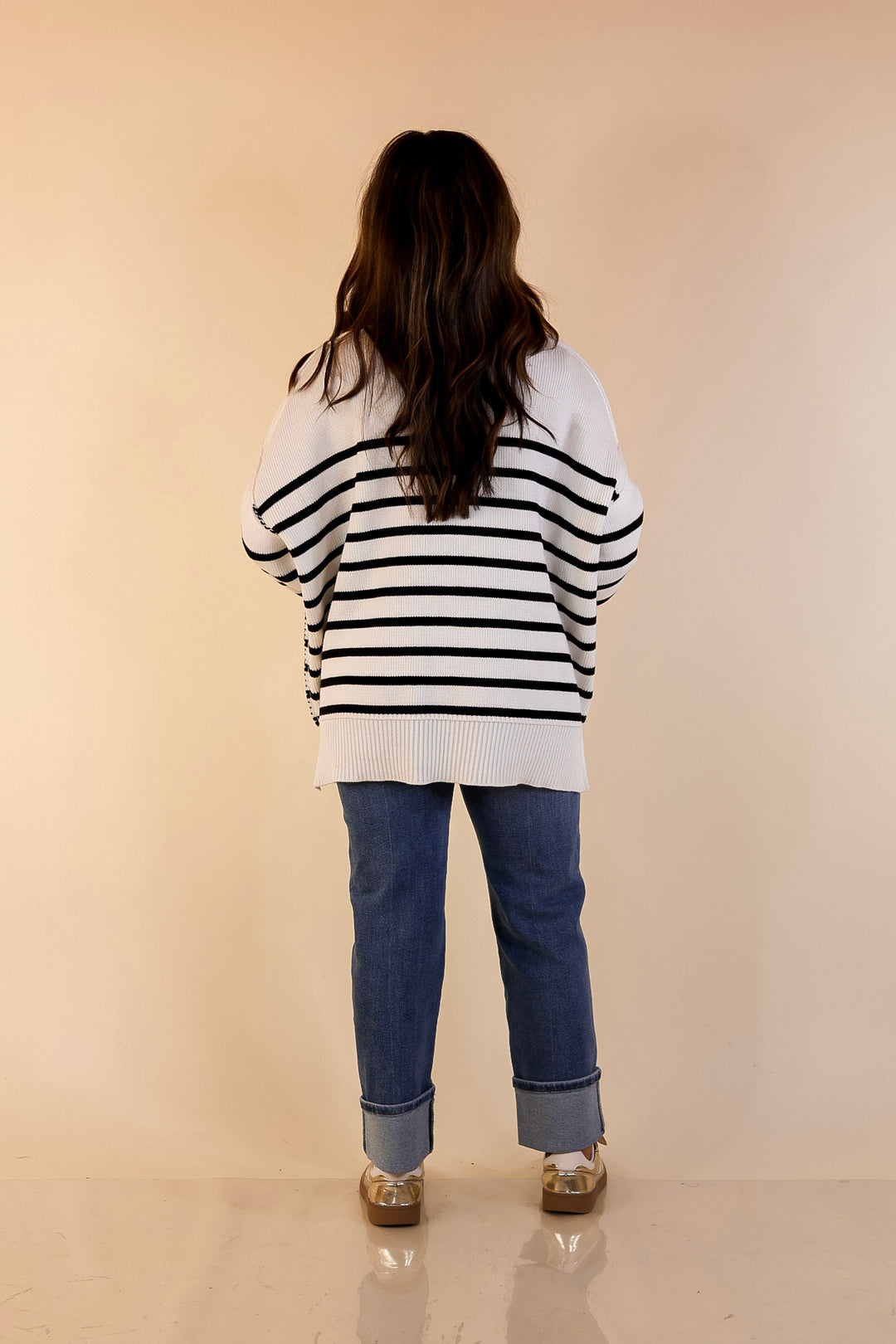 Snug and Stylish Mock Neck Striped Sweater with Side Slit in Ivory with Black Stripes