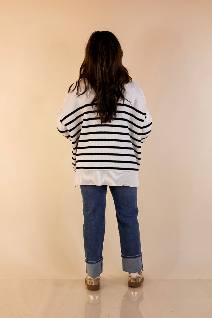 Snug and Stylish Mock Neck Striped Sweater with Side Slit in Ivory with Black Stripes