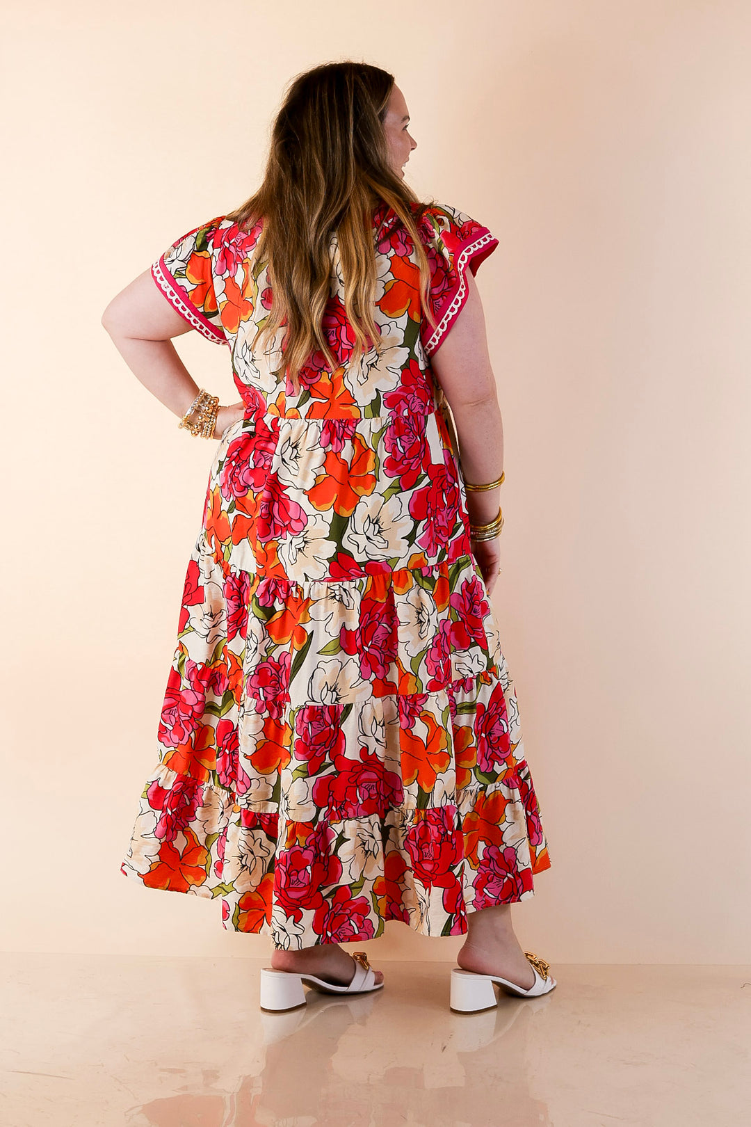Spring Symphony Floral Print Tiered Midi Dress with Flutter Sleeves in Pink and Orange