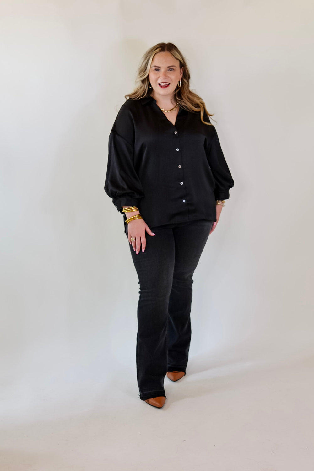 Sweet Notion Button Up 3/4 Balloon Sleeve Top in Black - Giddy Up Glamour Boutique