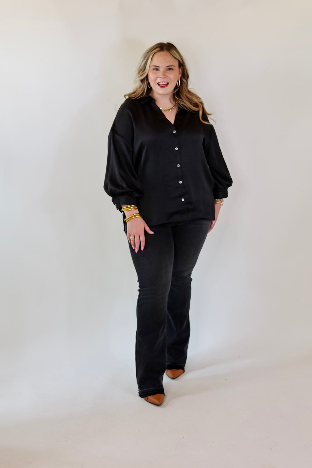 Sweet Notion Button Up 3/4 Balloon Sleeve Top in Black - Giddy Up Glamour Boutique
