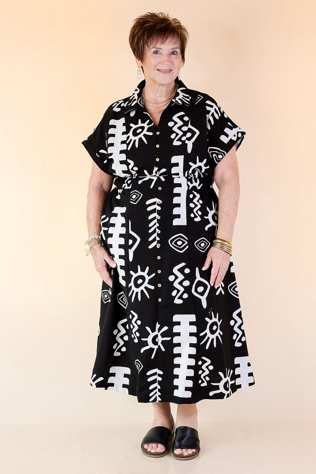 Black and White Abstract Button Down Midi Dress fit and styling
