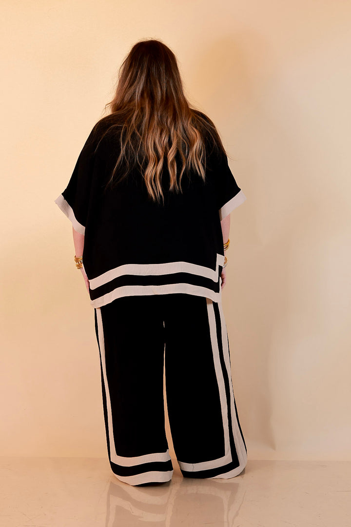 First Class Chic Button Front Collared Top with Matching Wide Leg Pants Set in Black and Ivory