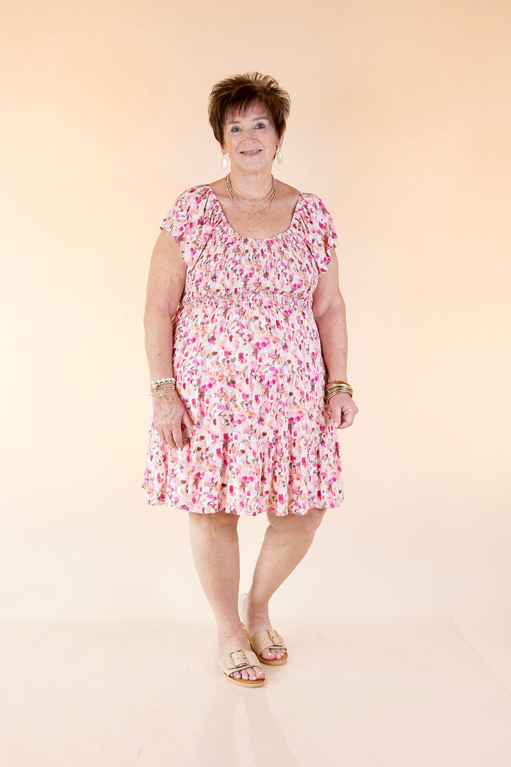 Sweet To Me Smocked Upper Floral Tiered Dress in Pink
