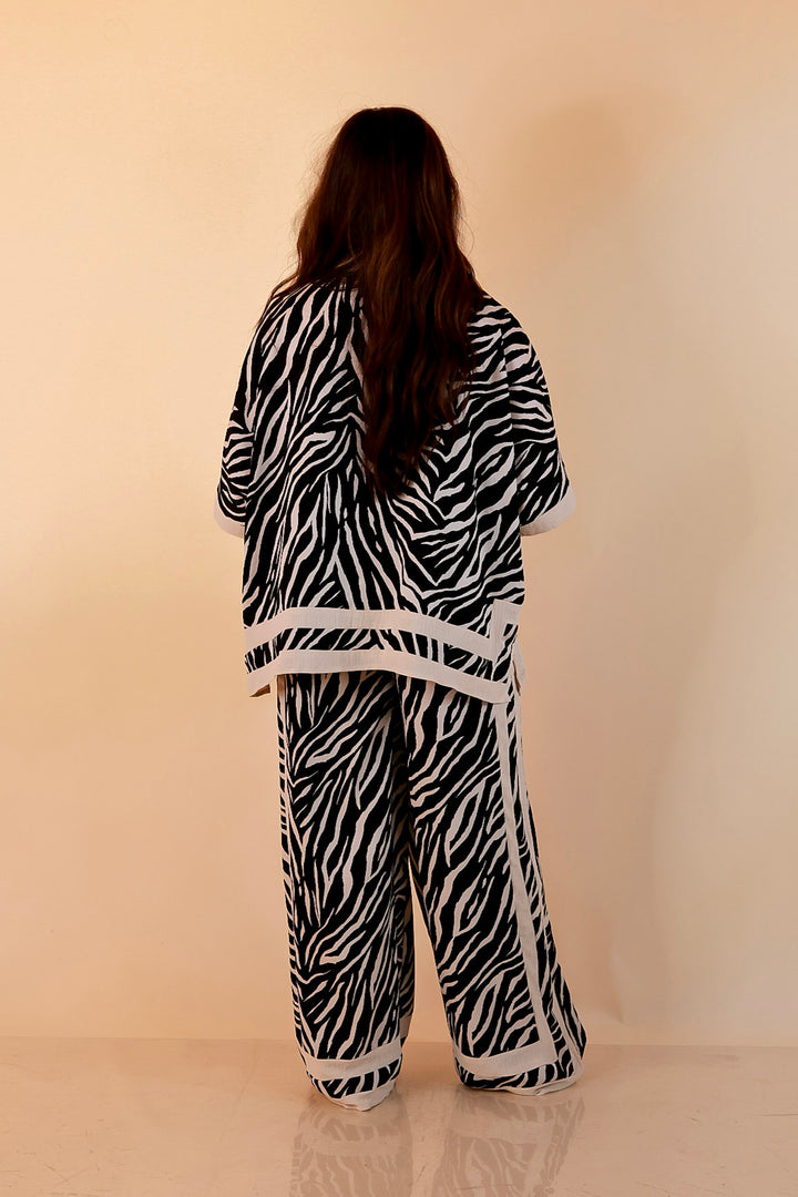 First Class Chic Button Front Collared Top with Matching Wide Leg Pants Set in Black and Ivory Zebra Print
