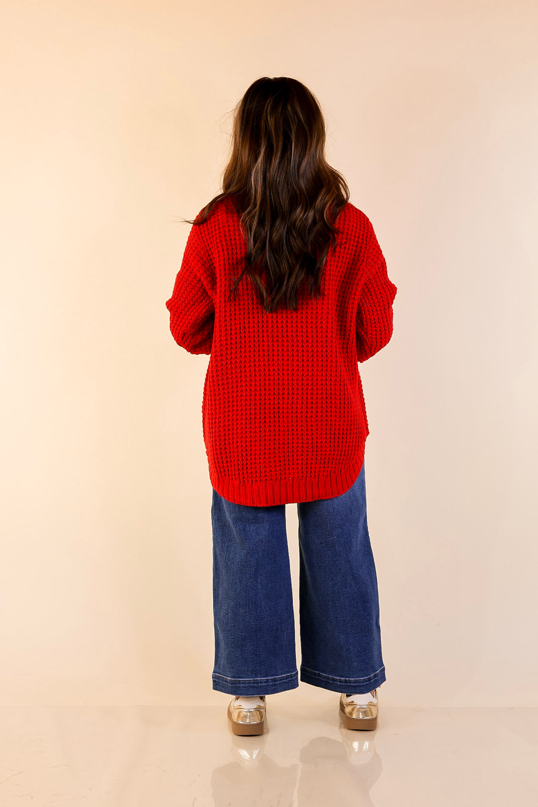 Cool Day Classic Scoop Neck Long Sleeve Large Waffle Knit Sweater in Red