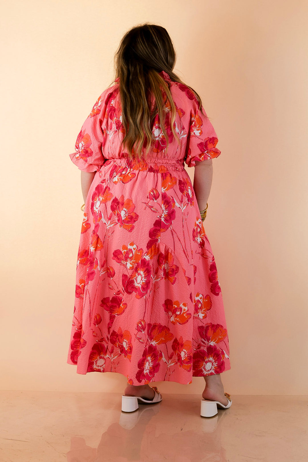 Breezy Belle Floral Print Textured Puff Sleeve Midi Dress with Smocked Waist in Pink Mix
