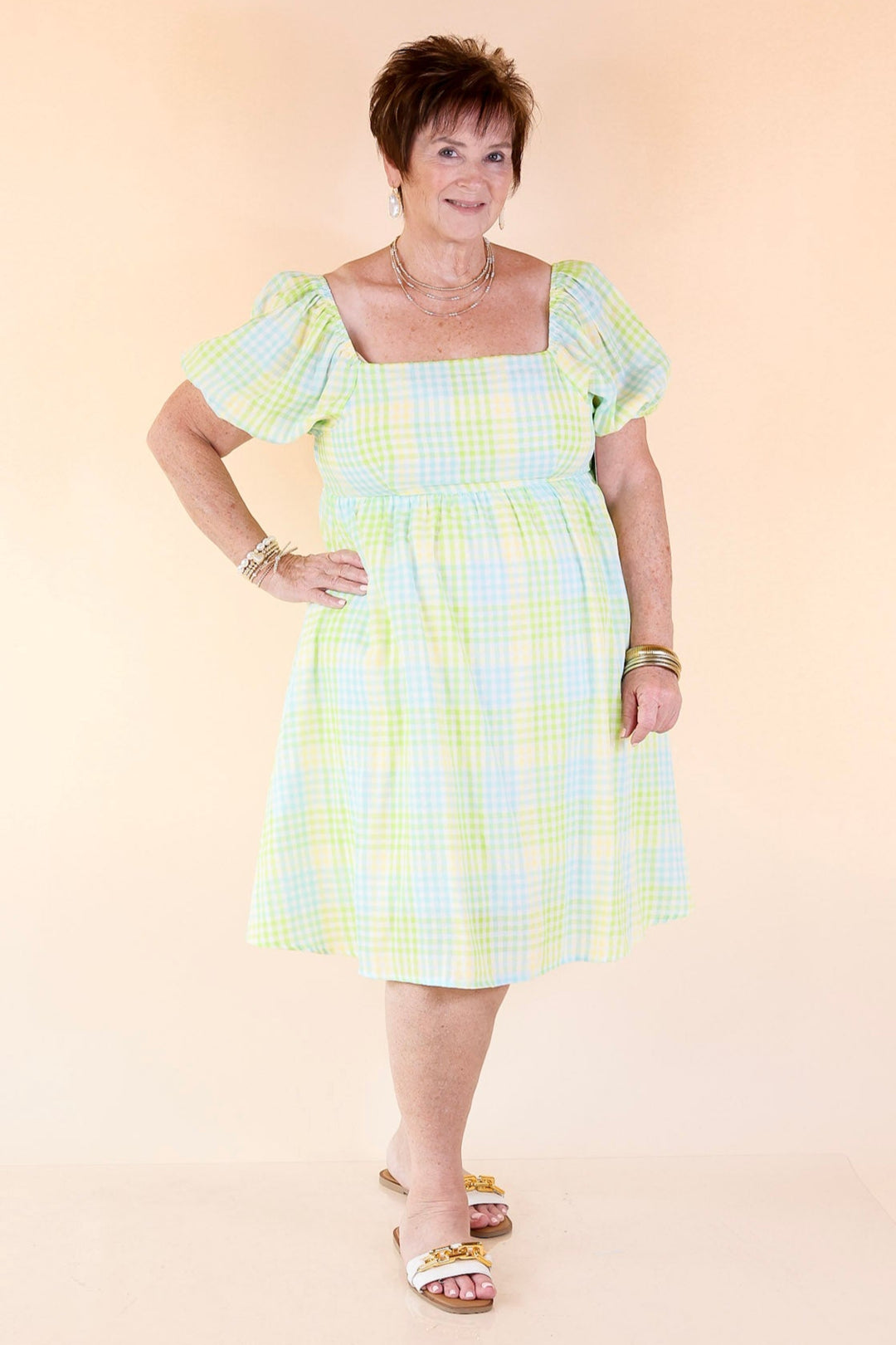 Spring Serenity Plaid Dress with Balloon Sleeves in Green Mix