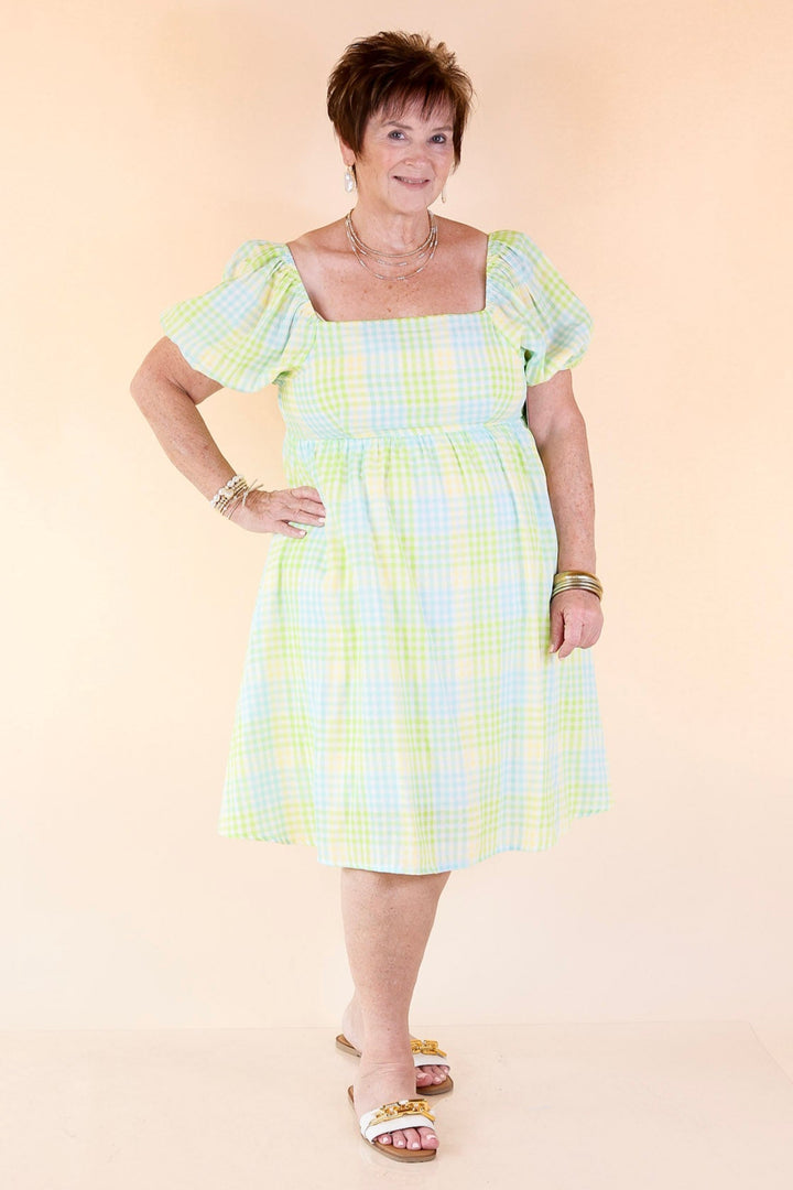 Spring Serenity Plaid Dress with Balloon Sleeves in Green Mix