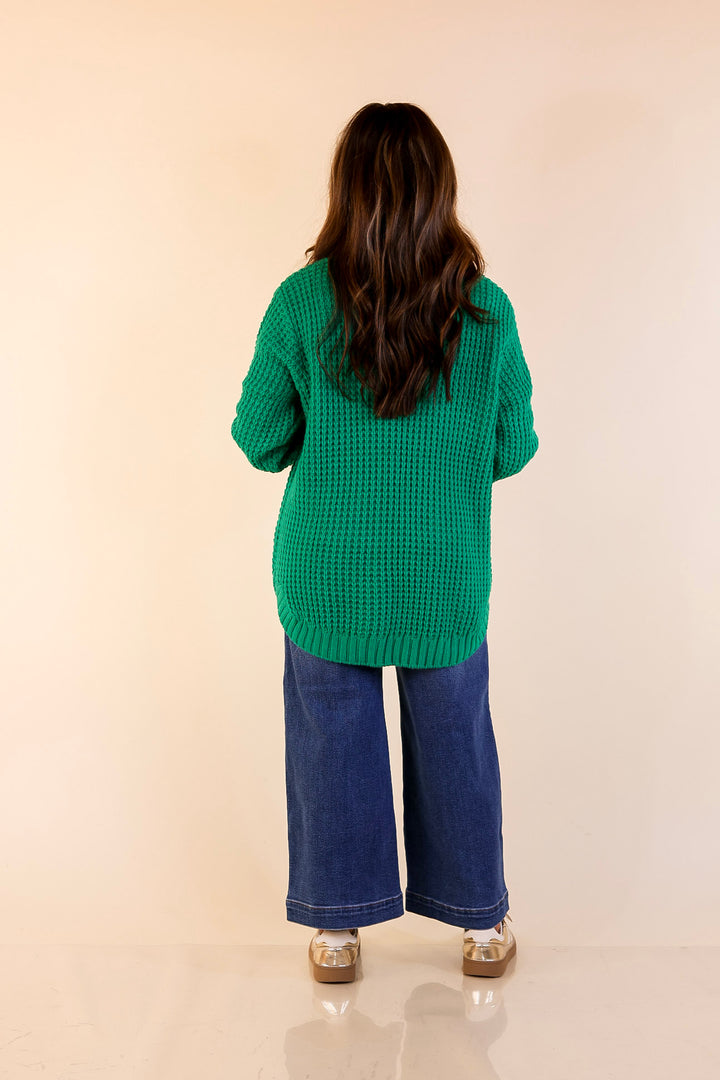 Cool Day Classic Scoop Neck Long Sleeve Large Waffle Knit Sweater in Kelly Green