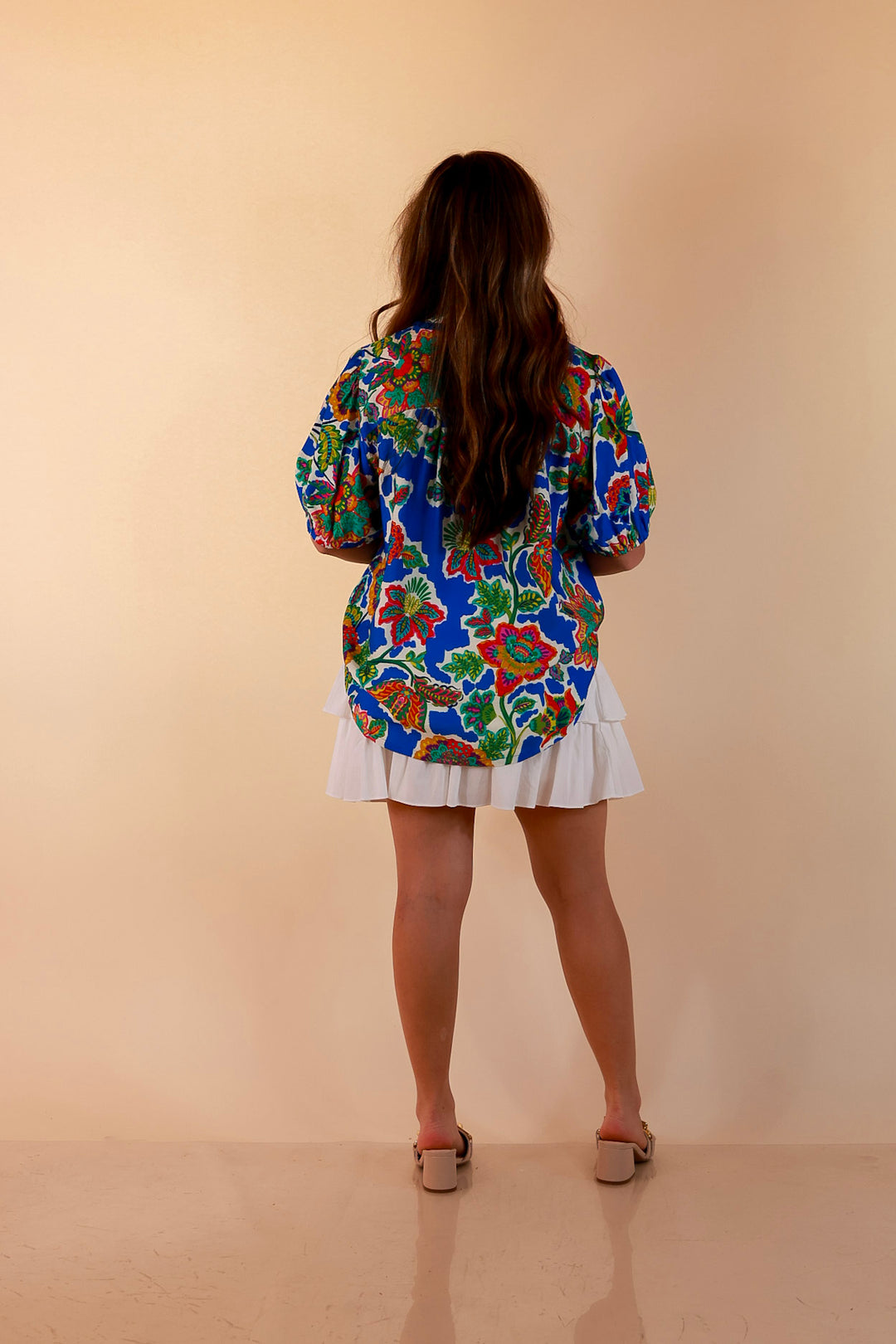 Petal Pop Floral Print Ruffle Front Button Up Top with Puff Sleeves in Royal Blue