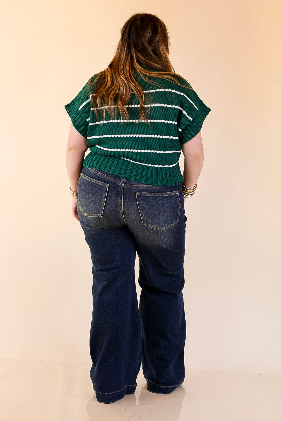 Sweet in Stripes Short Sleeve Striped Mock Neck Sweater in Forest Green