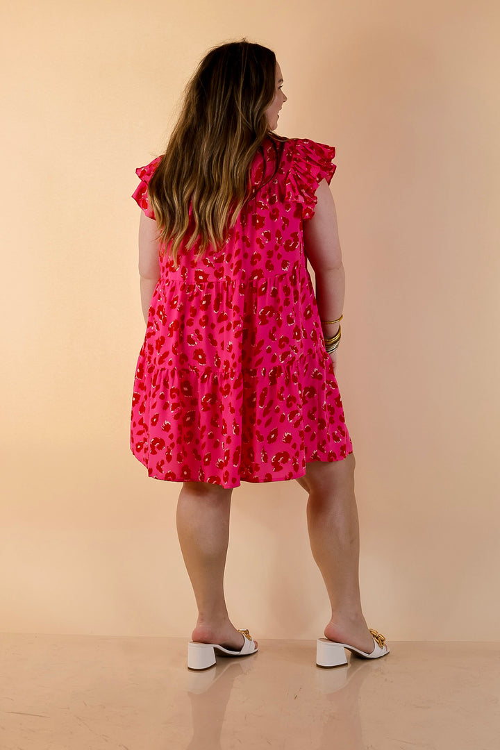 Daring and Delightful Leopard Print Dress with Ruffle Cap Sleeves in Pink and Red