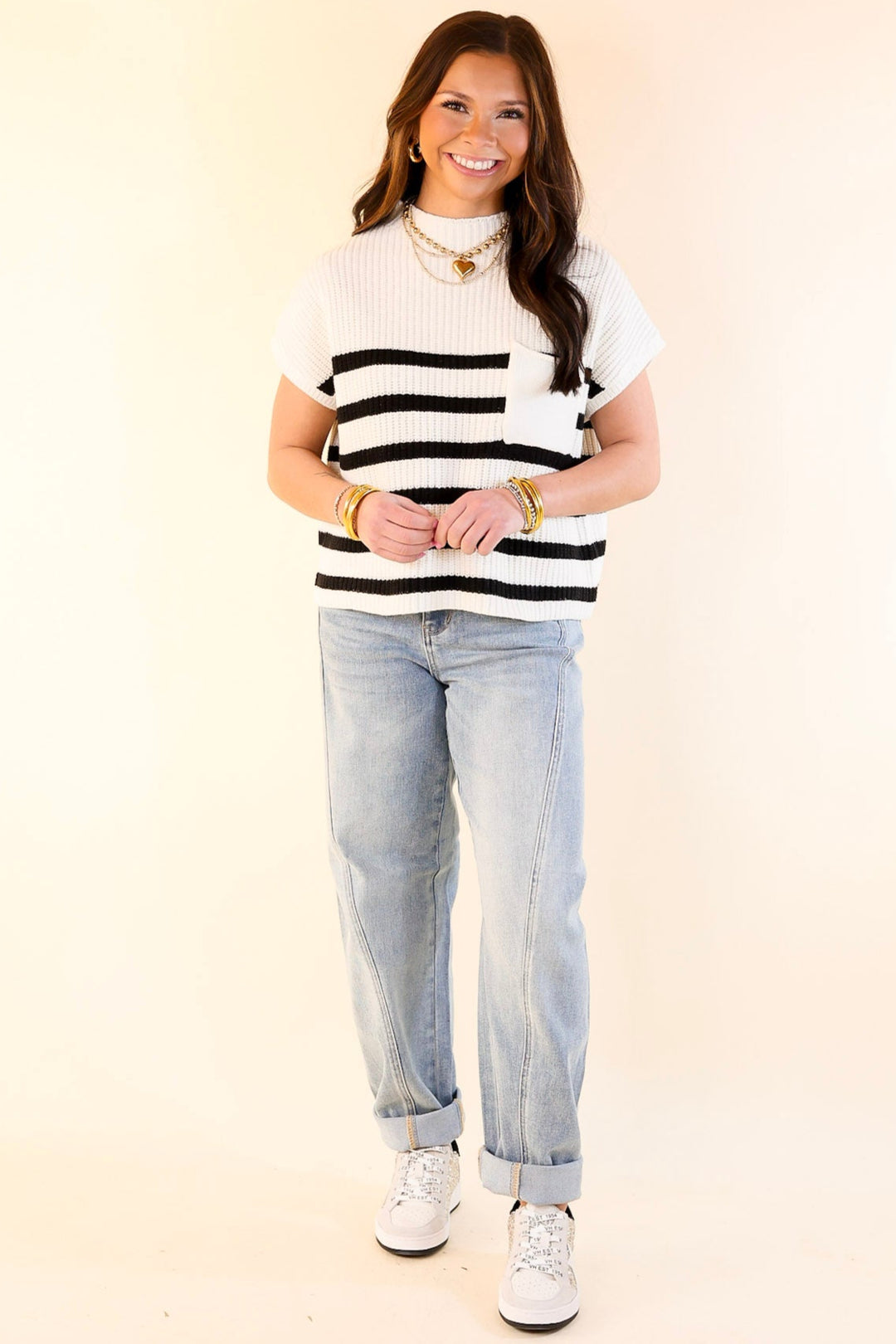 Repeat Worthy Striped Cap Sleeve Cropped Sweater with Front Pocket in Ivory