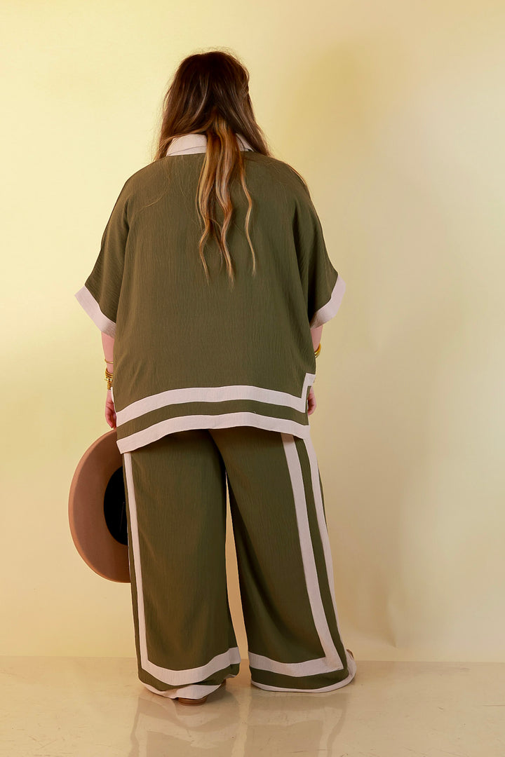 First Class Chic Button Front Collared Top with Matching Wide Leg Pants Set in Olive Green and Ivory