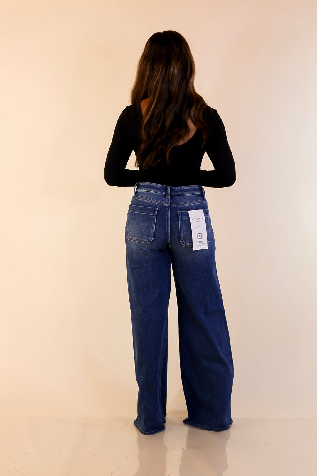 Risen | Rocky Mountain Retreat 90's Inspired Wide Leg Front Yoke Seam Detail Jeans in Dark Wash